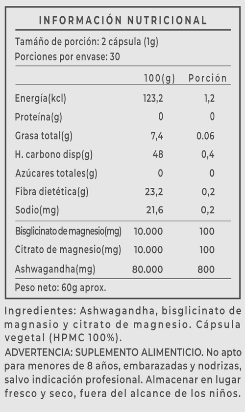 Ashwagandha + Magnesio                 60 Cápsulas